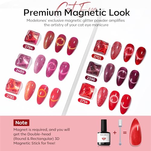 modelones Cat Eye Gel Nail Polish, 6 Colors Red Glitter Burgundy Ruby Sparkle Shimmer Gel Polish Set with Magnet Nail Gel Polish Kit Soak Off Led Nail Art Manicure Salon DIY Gifts - color: A-1 Rouge Aura