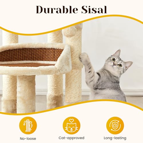 Fansafurn Multi-Level Cat Tree for Indoor Cats, Modern Cat Tower with Double Beds & Scratching Posts, 27in Cat Tree for Large Cats and Kitten, Small Cat Climbing Tower with Hanging Toys, Cream White - color: Beige