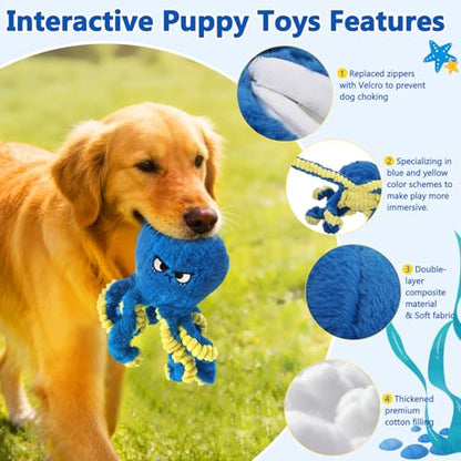 Interactive Dog Toys Octopus, Moving Dog Toy to Keep Them Busy, Durable Automatic Jumping Dog Toy Bouncing Dogs Toy Squeaky Moving Tug of War Doggie Toy for Small Medium Large Dogs (Blue)