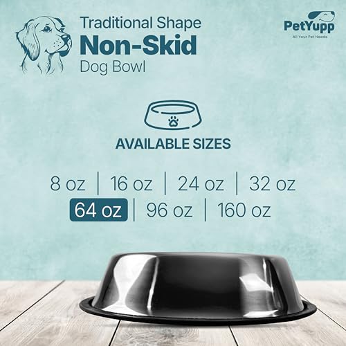 Stainless Steel Non Skid Dog Bowl – Non-Slip Rubber Base, Rust-Proof & Dishwasher Safe – Durable Food and Water Bowl for Dogs and Cats – 64oz - size: Non Skid Bowl - 64 oz
