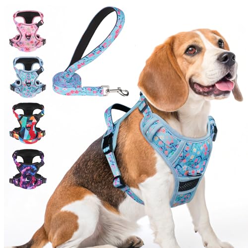 BEAUTYZOO No Pull Dog Harness and Leash Set with 2 Metal Leash Clips - Overhead-Free 3 Snap Buckles Design, Adjustable No-Choke Soft Padded Reflective Oxford Pet Vest for Small Medium Large Dogs, M - color: Blue Flower, size: M: chest 16"-28"