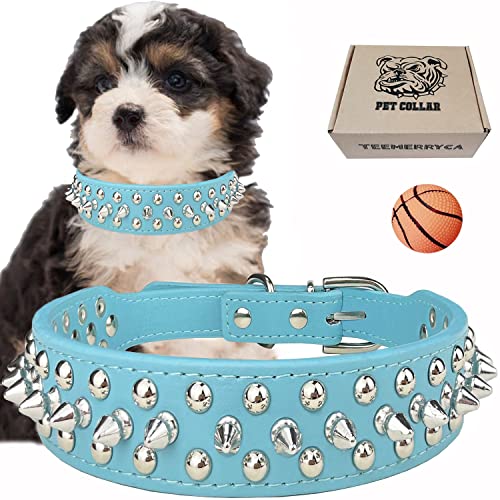 TEEMERRYCA Adjustable Microfiber Leather Spiked Studded Dog Collars with a Squeak Ball Gift for Small Medium Large Pets Like Cats/Pit Bull/Bulldog/Pugs/Husky, Blue, XS 8.3-10.6 inches - color: BLUE, size: Xs: 8.3"-10.6"(for Puppy)