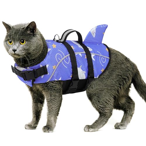Queenmore Cat Life Jacket XXS, Extra Small Dog Life Vest for Swimming Boating, Lightweight Dog Shark Life Jacket with Rescue Handle/Leash Hook/Reflective Strips - color: 2#-BluePrint, size: XX-Small