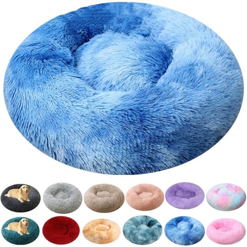 Calming Large Dog Bed & Cat Bed, 43 Inch Anti-Anxiety Donut Dog Cuddler Cat Bed, Warming Cozy Soft Dog Round Bed, Fluffy Faux Fur Machine Washable Pet Cushion for Medium Dogs & Cats (Blue White) - color: Blue White, size: 43.0"L x 43.0"W x 8.0"Th /Round 1