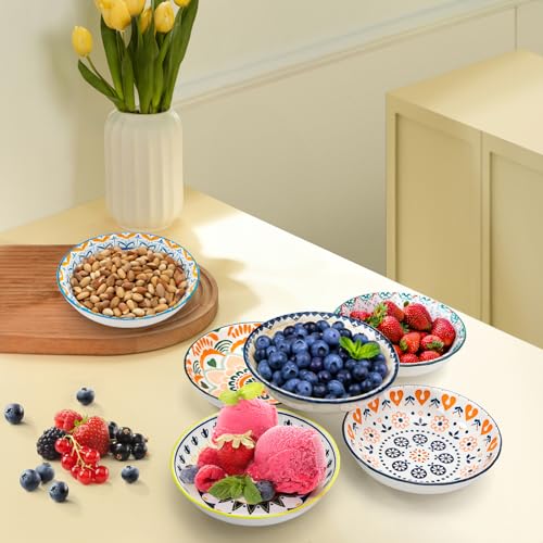 Foraineam 6 Pack 5.5 inch Wide Shallow Cat Food Bowl Set Ceramic Cat Bowls, 8oz Whisker Friendly Cat Dishes, Colorful Kitten Feeding Bowls for Food and Water, Microwave and Dishwasher Safe