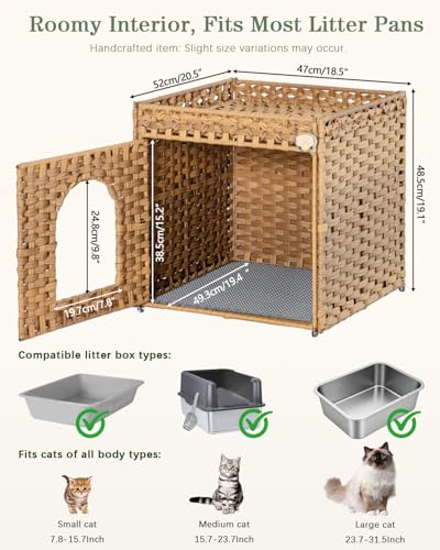 SETVSON Cat Litter Box Enclosure Furniture, Hidden Litter Box with Mat and Fence, Handwoven Rattan Cat House with Two S-Shaped Hooks for Living Room, Bedroom, 18.5 x 20.5 x 19.1 Inches (Natural) - color: Natural, size: Standard