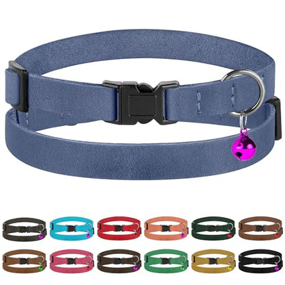 Muromto Breakaway Cat Collar Leather Soft Adjustable Pet Kitten Collars with Bell Pink Brown Blue Green Red (Blue)