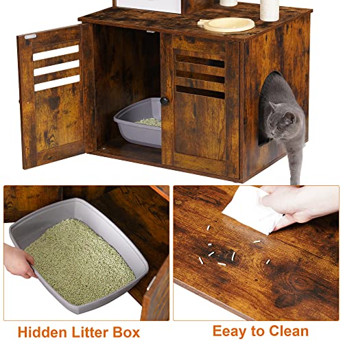 Heybly Cat Tree, Wood Litter Box Enclosure with Food Station, All-in-one Indoor Cat Furniture with Large Platform and Condo, Modern Style Cat Tower, Hammock, Rustic Brown HCT100SR