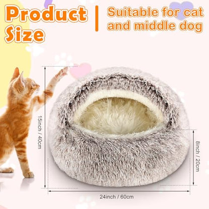 Cinnvoice 2 Pcs Self Warming Cat Beds with Hood, Self Heating Dog Cave Bed, Fluffy Round Covered Pet Pad, Plush Hooded Pet Beds with Non-Slip Bottom for Indoor Cat or Small Middle Dog(Coffee,24 in) - size: 24 In