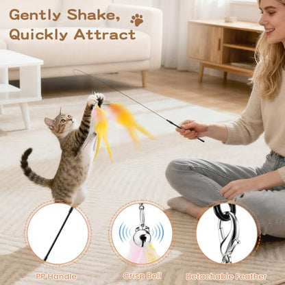 Pawaboo Feather Teaser Cat Toy, Interactive Feather Wands Cats Toy Flying Feathers Cat Catcher with Extra Long 34.5" Wand and Small Bell, Exerciser Playing Toys, 1 Wand + 6 Feathers, Colorful - color: Z-Colorful
