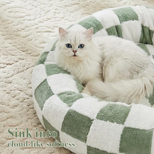 Ohocut Checkered Cat Dog Bed, Cute Sage Green Retro Style Aesthetic Round Warming Pet Calming Beds for Small Dog and Cats, Plush Cozy Donut Beds Washable, 23" L x 23" W x 8" Th - color: Green, size: 23"L x 23"W x 8"Th