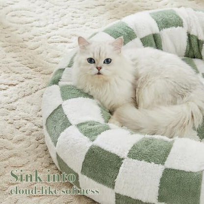 Ohocut Checkered Cat Dog Bed, Cute Sage Green Retro Style Aesthetic Round Warming Pet Calming Beds for Small Dog and Cats, Plush Cozy Donut Beds Washable, 23" L x 23" W x 8" Th - color: Green, size: 23"L x 23"W x 8"Th