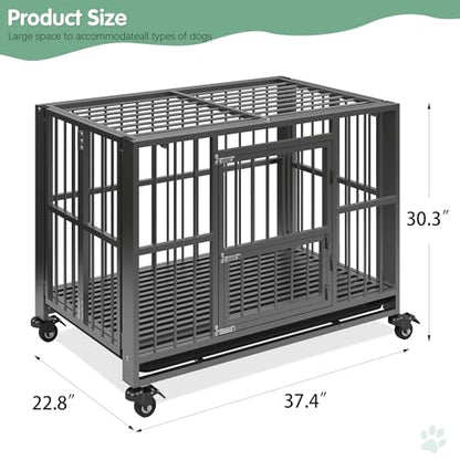Heavy Duty Dog Crate, Indestructible Large Dog Crate with Escape Proof, High Anxiety Dog Kennel Indoor with Lockable Wheels. (38in) - size: 38in