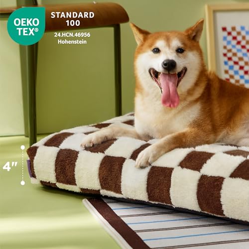 LE SURE Extra Large Dog Bed-Thick Shredded Chopped Foam Pet Bed Indoor with Removable Cover, Cute Modern Fuzzy Plush & Anti Slip Bottom, Brown - color: Brown Checks, size: 44.0"L x 32.0"W x 4.0"Th
