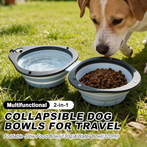Blue Collapsible Dog Bowls with Carabiner 2-in-1 Foldable Slow Food Bowl(130g)&Water Bowl(320ml) for Dogs and Cats Travel - color: Blue