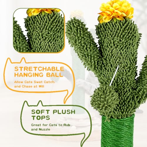 Cactus Cat Scratching Post Cat Tree, Cute Cat Scratching Post with Interactive Ball Two-Layer Track Spring Ball Toys, Standing Sisal Cactus Cat Scratcher for Indoor Cats and Kittens
