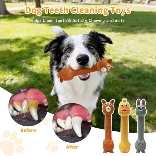 Latex Squeaky Dog Toys, 3 Pack Soft Rubber Dog Chew Toys, 8.7" Standing Stick Animal Pet Toy to Keep Them Busy, Interactive Fetch Squeak Toy for Puppy Small Medium Dogs - color: Yellow & Grey & Brown