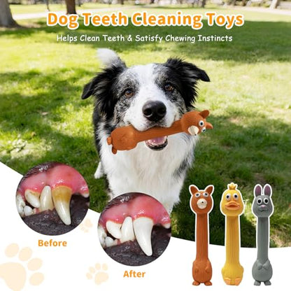 Latex Squeaky Dog Toys, 3 Pack Soft Rubber Dog Chew Toys, 8.7" Standing Stick Animal Pet Toy to Keep Them Busy, Interactive Fetch Squeak Toy for Puppy Small Medium Dogs - color: Yellow & Grey & Brown