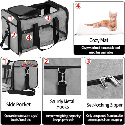 Soft Sided Cat/Dog Carrier,Collapsible Pets Travel Carriers for Pet/Puppy with Shoulder Strap & Removable Mat,Mesh Top Load Small Dogs/Cats Carry Bag Up to 17 Lbs TSA Airline Approved（Grey,M） - size: M Grey
