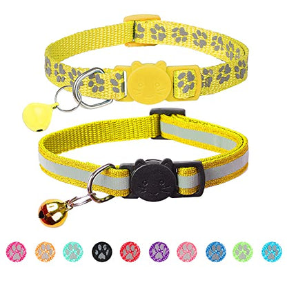 2 Pack Reflective Cat Collar Breakaway with Bell,Personalized Kitten Collars,Adjustable Safety Buckle Collar for Male Cats Girls & Boys (Yellow) - color: Yellow