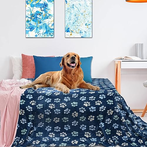 Flannel Pet Blankets for Large Dogs & Cats - Washable, Soft Mat Throw Cover for Kennel, Crate, Bed - Cute Paw Pattern - Navy Blue 60" x 80" - color: Dark Blue, size: 80x60 inch