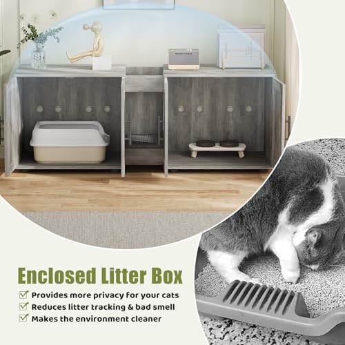 Garvee Cat Litter Box Enclosure for 2 Cats, 55" Hiddden Litter Box Enclosure Furniture 3-in-1 Wooden Litter Cabinet with Barn Door & Double Rooms for Bedroom Living Room, Gray - color: Gray