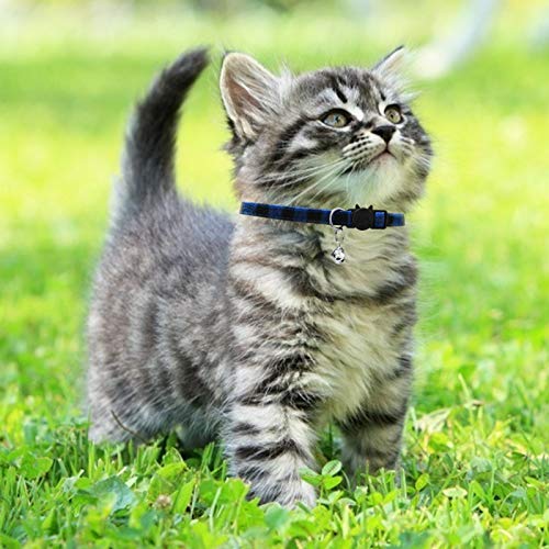MJIYA Stylish Plaid Cat Collars with Bells - Adjustable Breakaway Kitten Collar (8-12 Inches) - Cute Collar for Girls and Boys - Pet Gift and Accessory（Blue, M - color: Dark Blue