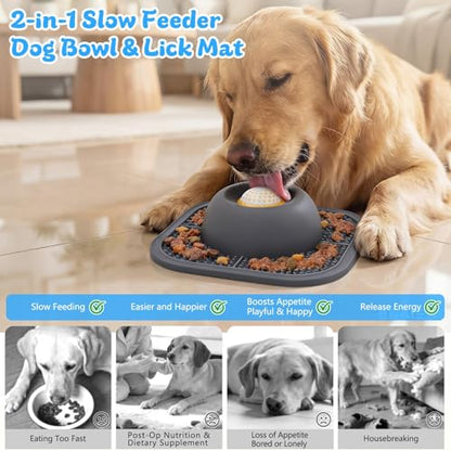 Slow Feeder Dog Bowls & Lick Mat for Liquid and Thick Treat, Anti-Slip Dog Lick Bowl with Interactive Rolling Ball, 5/6 Cup Pup Licking Toy for Large Medium Small Dogs and Cats Gray - color: Gray