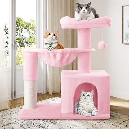 Allewie 29.5in Indoor Cat Tree, Multi-Level Cat Tower with Sisal Scratching Posts, Padded Perch, Basket, Condo, and Hanging Ball, Suitable for Kittens and Adult Felines, Pink - color: Pink