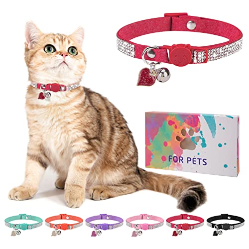 Rhinestone Cat Collar Breakaway with Bell, Diamond Cat Collar with Safety Buckle Quick Release for Girl Boy Small Kitten Pets Puppy,Cute Soft Female Male Cat Collars, Color Red 8-12" - color: Red-1 (1 Pack), size: 8"-12" Cats / Mini Dogs