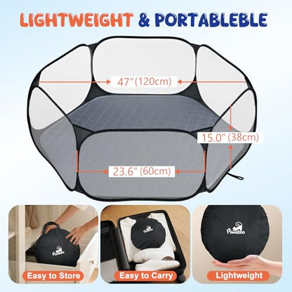 Pawaboo Small Animals Playpen with Pad, Waterproof Small Pet Cage Tent with Reusable Pad, Portable Outdoor Yard Fence for Chick/Kitten/Puppy/Guinea Pig/Rabbits/Chinchillas, Black/Gray - color: Black/Gray