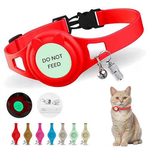 Hypoallergenic cat Collar with Breakaway Clasp, Bell & ID Tag. Compatible with Apple Airtag. Waterproof & Lightweight cat Collar with airtag Holder. Durable & Tear Resistant. - color: Red