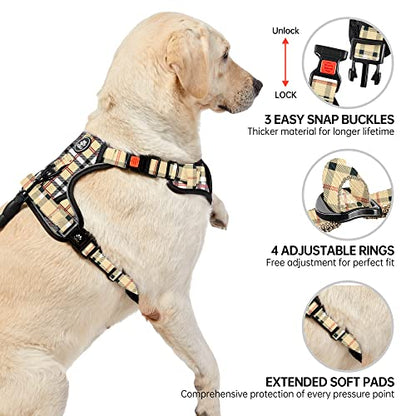 No Pull Dog Harness with Leash, Reflective No Choke Pet Vest Harness,Adjustable Soft Padded Dog Harness with Easy Control Handle for Small Dogs(Checkered Beige,Small) - color: Checkered Beige, size: 【S】neck 11-15" chest 15-21"
