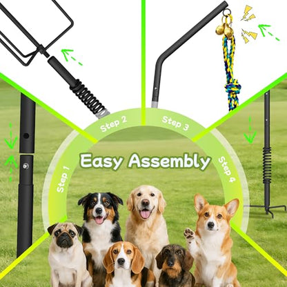 Tether Outdoor Dog Rope Toy with Adjustable Height Spring Pole, 3 Kinds Dog Tug of War Toys for Self Play and Interactive in Park, Yard, Lawn Rope, Suitable for Energetic Dog(45″)