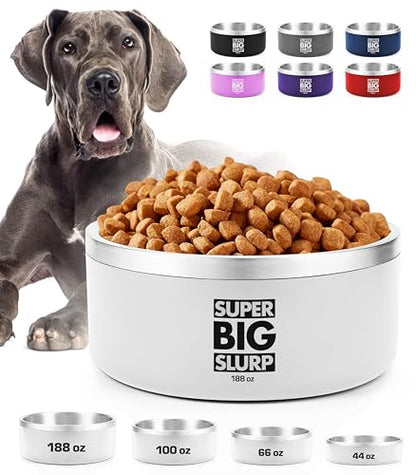 Tuff Pupper Heavy Duty Insulated Dog Bowl | Double Wall Stainless Steel Dog Food Dish | Non-Slip Spill Proof Dishwasher Safe Cat Bowl | Water Dish for Feeding Large Medium Small Pets (188oz, White) - color: Snow White, size: 188oz