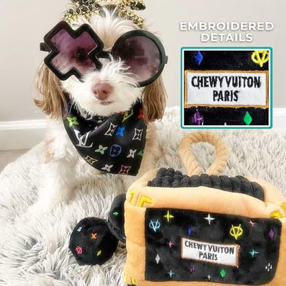 Haute Diggity Dog Chewy Vuiton Trunk Puzzle with 3 Plush Squeaky Dog Toys, Soft Durable Designer-Inspired Stuffed Puppy Chew Toys for Small & Medium Dogs, Machine-Washable (Black Monogram) One Size - color: Black Trunk, size: One Size