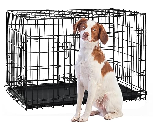 42 Inch Extra Large Dog Crate, Heavy Duty Dog Crates for Large Dogs, Metal Wire Folding Dog Cage with Removable Trays, Locks, Double-Door, Divider Panel, Handle, XL Dog Crate Pet Crate (42 in, Black) - color: Black, size: 42.0"L x 28.0"W x 31.0"H