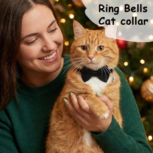 Cat Collar Breakaway Cat Bow Tie Adjustable from 7 to 11 Inches Soft Velvet Bowtie Cat Collar with Bell for Kitten Puppy Cats Wedding Costumes (Black) - color: Black