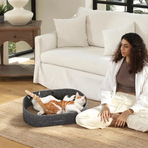 FUKUMARU Cat Scratcher, 24 Inch Sofa Shape Cat Scratcher Couch Bed, Reversible Detachable Cats Scratching Board, Round Cats Scratch Pads Refill Indoor, Dark Grey - color: Grey
