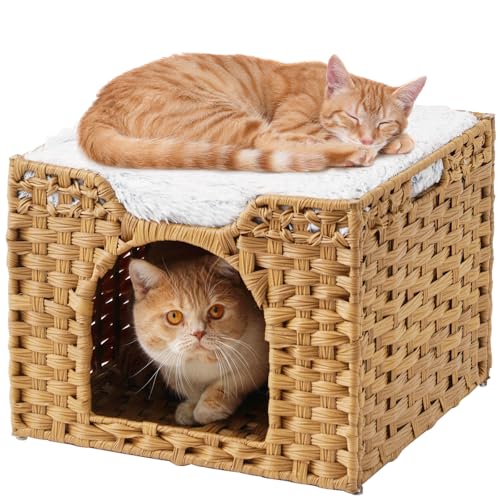SETVSON Cat Beds Indoor Kitten House, Handwoven Rattan Cat Cave Pet Cube, Large Cat Houses, One Bed Mat, Foldable, Hideaway, 16.5x16.5x13.2 Inches, 2 S-Shaped Hooks in Living Room Bedroom Natural - color: Natural, size: Rectangle-M