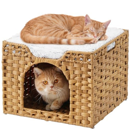 SETVSON Cat Beds Indoor Kitten House, Handwoven Rattan Cat Cave Pet Cube, Large Cat Houses, One Bed Mat, Foldable, Hideaway, 16.5x16.5x13.2 Inches, 2 S-Shaped Hooks in Living Room Bedroom Natural - color: Natural, size: Rectangle-M