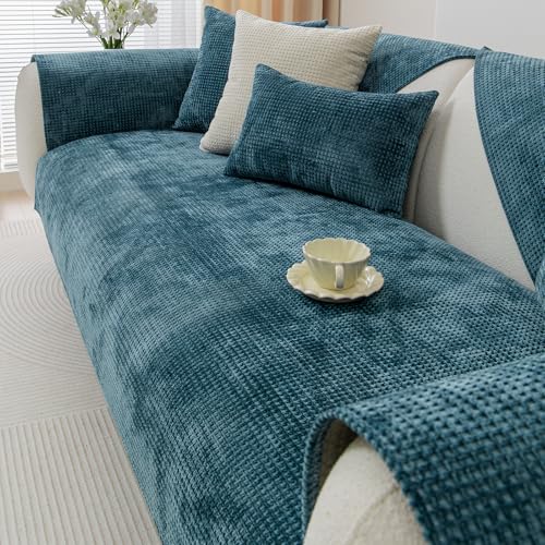 vctops Farmhouse Plaid Chenille Couch Sofa Cover Super Soft Plush Sectional Couch Covers Anti-Slip Solid Sofa Slipcover for Dogs, Children, Pets Furniture Protector (Dark Green,28"x59") - color: Dark Green, size: 1pc/28"x59"/Rectangular