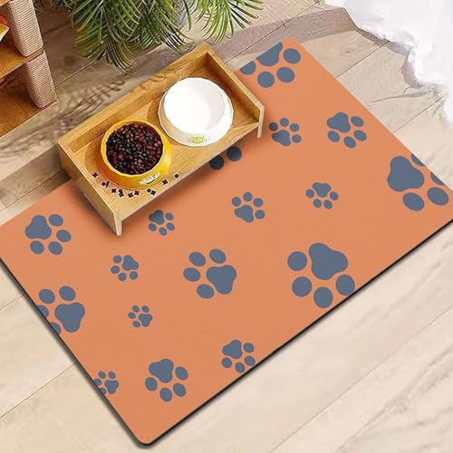 12"×20" Dog Food Mat-Absorbent Dog Mat for Food and Water, No Stains Quick Dry Cat Bowl Mat Non Skid Feeding Mat with Footprints for Messy Drinkers Orange - color: Orange, size: 12"×20"