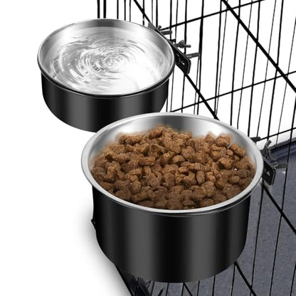 Dog Crate Bowls Hanging No Spill, ShineMe 60oz & 40oz Stainless Steel Dog Kennel Food and Water Bowls Mountable for Large and Medium Pets (7.0 x 3.7” & 6.2 x 2.5”) - color: Black, size: L (7.0x3.7'' & 6.2x2.5'')