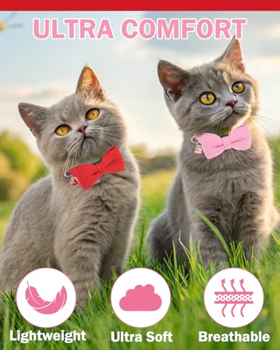 Cat Collar Breakaway with Bells, Soft Cotton Pink Cat Bowtie Collar for Girl Cats, Small Cats Collar with Bow for Spring Summer, 2 Pack Cute Kitten Collars with Removable Bowtie 8-12Inch - color: Red + Pink