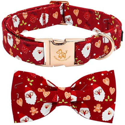 Elegant little tail Christmas Dog Collar, Winter Santa Claus Pet Collars Bow Red Metal Buckle Collar Puppy Girl Boy Holiday Cotton Soft Bowtie Adjustable Dog Collar for X-Small Dogs - color: Heart with Santa Claus, size: X-Small (Pack of 1)