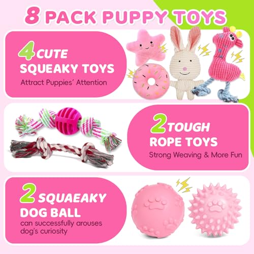 8 Pack Luxury Puppy Toys for Teething Small Dogs, Puppy Chew Toys with Squeaky Dog Toys, Balls and Rope Dog Chew Toys, Dog Toys to Keep Them Busy (Pink, 8-Pack) - color: Pink, 8-pack