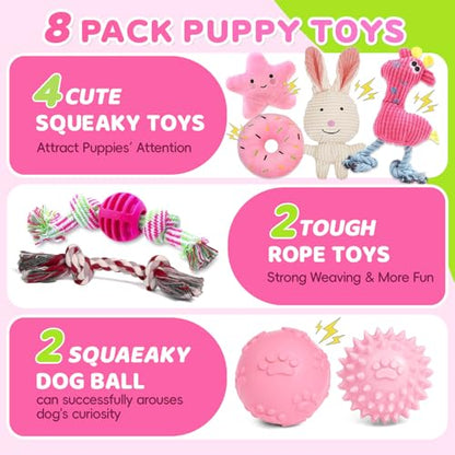 8 Pack Luxury Puppy Toys for Teething Small Dogs, Puppy Chew Toys with Squeaky Dog Toys, Balls and Rope Dog Chew Toys, Dog Toys to Keep Them Busy (Pink, 8-Pack) - color: Pink, 8-pack