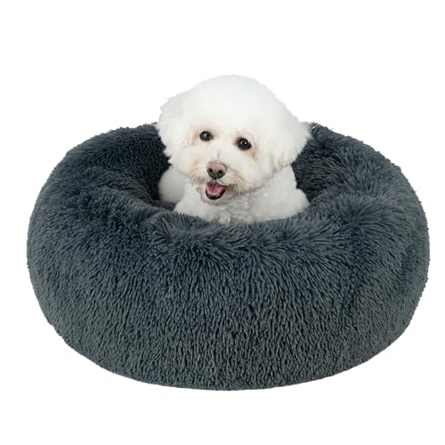 Best Pet Supplies Round Calming Dog Bed for Small, Medium & Large Dogs, Plush Donut Cuddler Pet Bed w/Raised Rim for Head, Neck Support, Anti-Slip Bottom Washable Bed - Gray, 24 x 24 x 7 - color: Gray, size: 24" x 24" x 7"