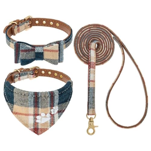 EXPAWLORER Dog Collar and Leash Set - Embroidery Pawprints Plaid With Bow Tie and Bandana, Adorable for Dogs Cats Outdoor Walking, Khaki M - color: Khaki, size: Medium